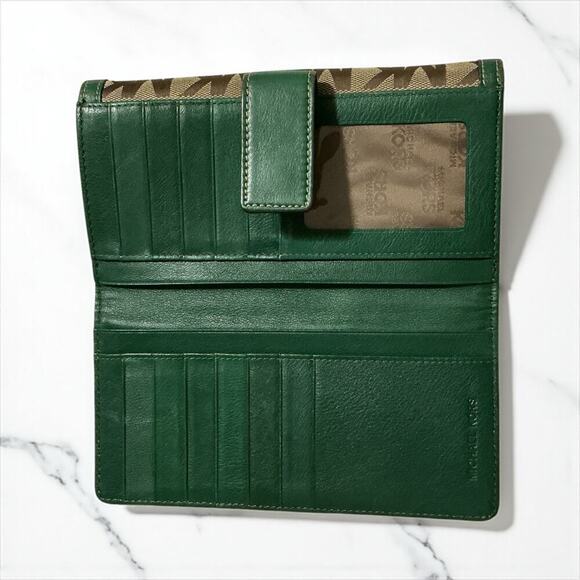 Michael Kors Monogram Green Trim Canvas Leather Wallet Clutch 7”x4” - Picture 8 of 15